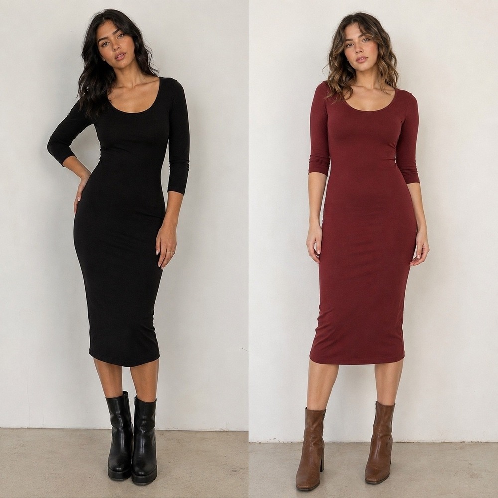 Zenana Premium 2 Pack Midi Bodycon Dresses Black Rust 3/4 Sleeve Size L